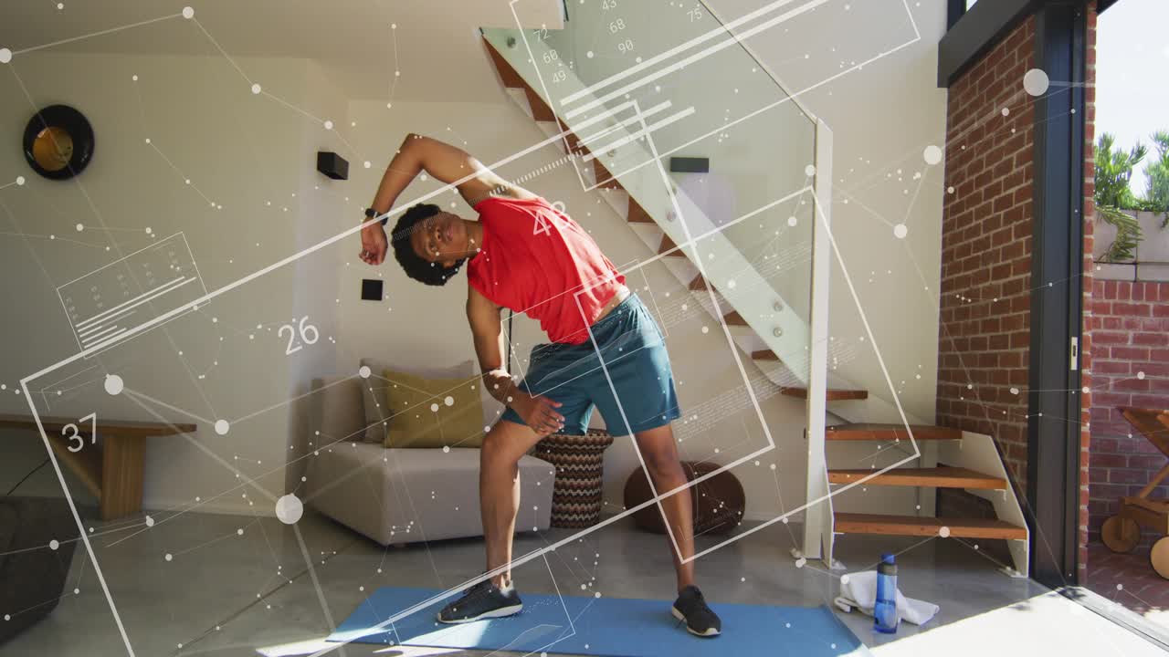 Male raising smartphone, performing lateral bends on blue mat while fitness overlays tracking form