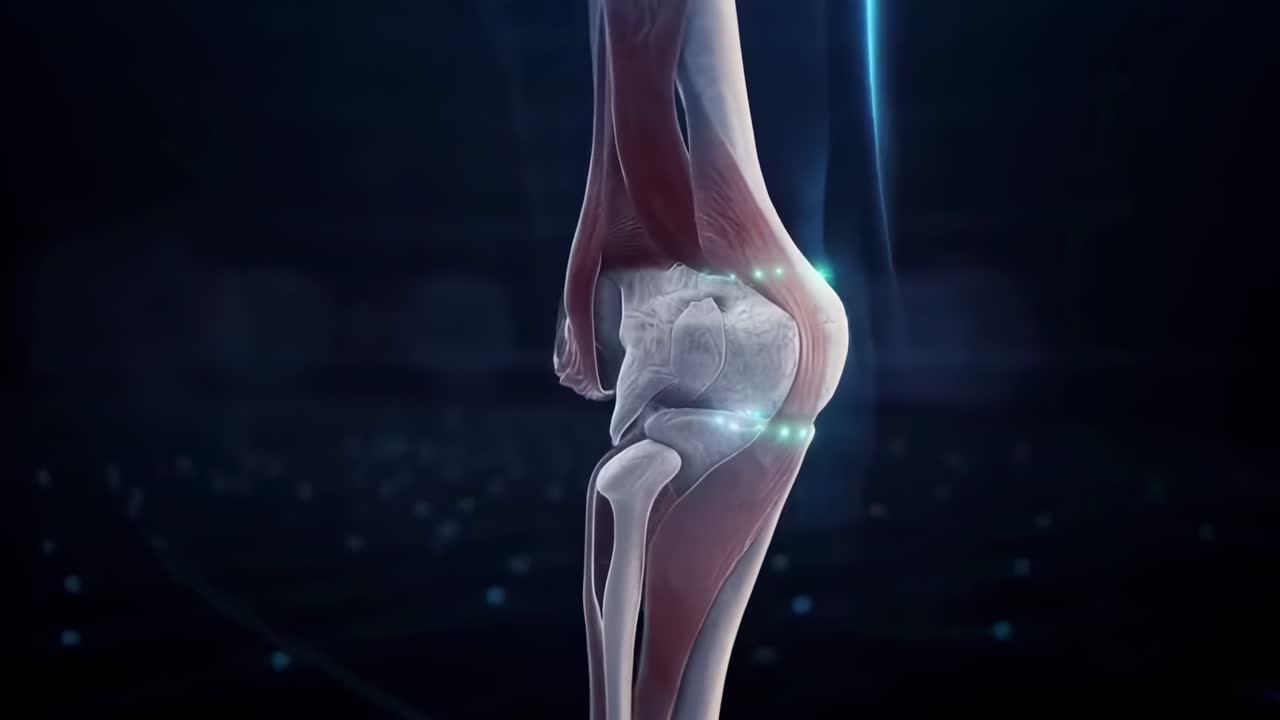 Futuristic video of a knee joint, side view, highlighting anatomy with glowing effects