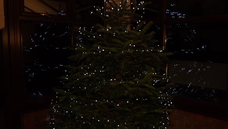 árbol de navidad en la noche con luces de cadena led reflejadas en windows en segundo plano.