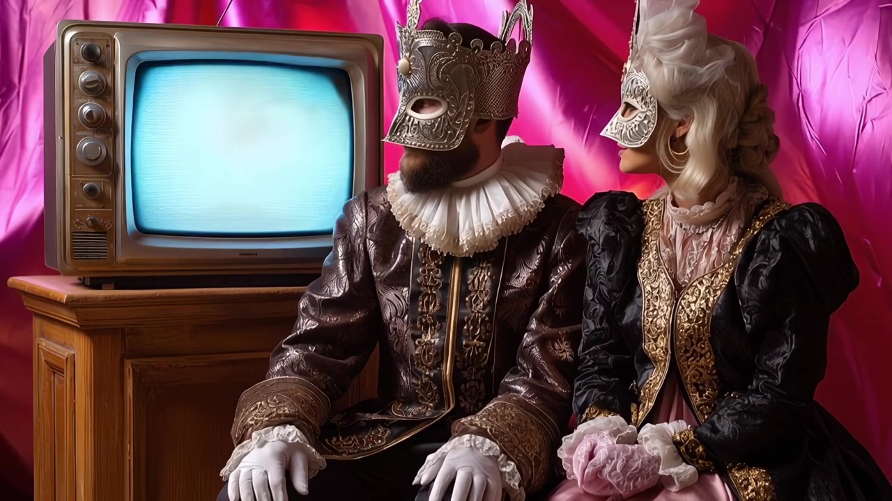 Coppia in elaborati costumi da maschera accanto a una TV retrò che si accende.