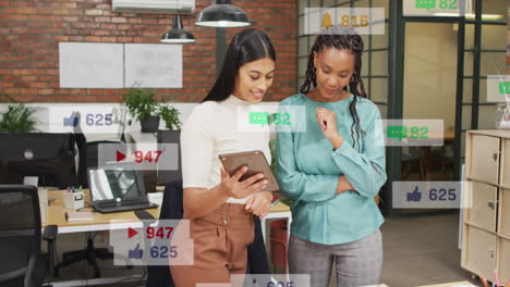 Animation-of-notification-bars-over-diverse-female-coworkers-discussing-reports-on-digital-tablet