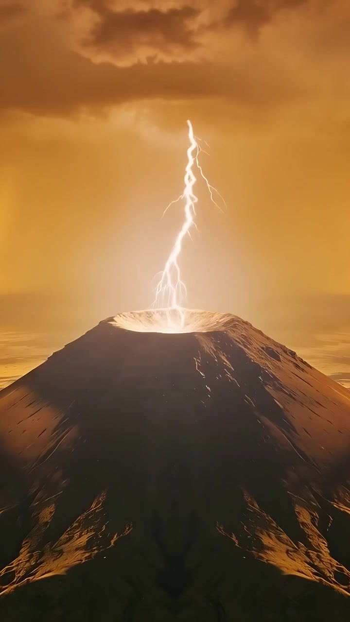 Video vertical: Volcán solitario destellando recibiendo un solo rayo en una tormenta, cráter brillando