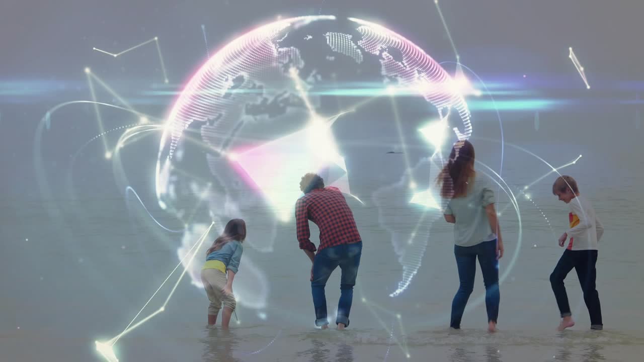 Family moving on shore, flare expanding forming tech globe with network lines framing family