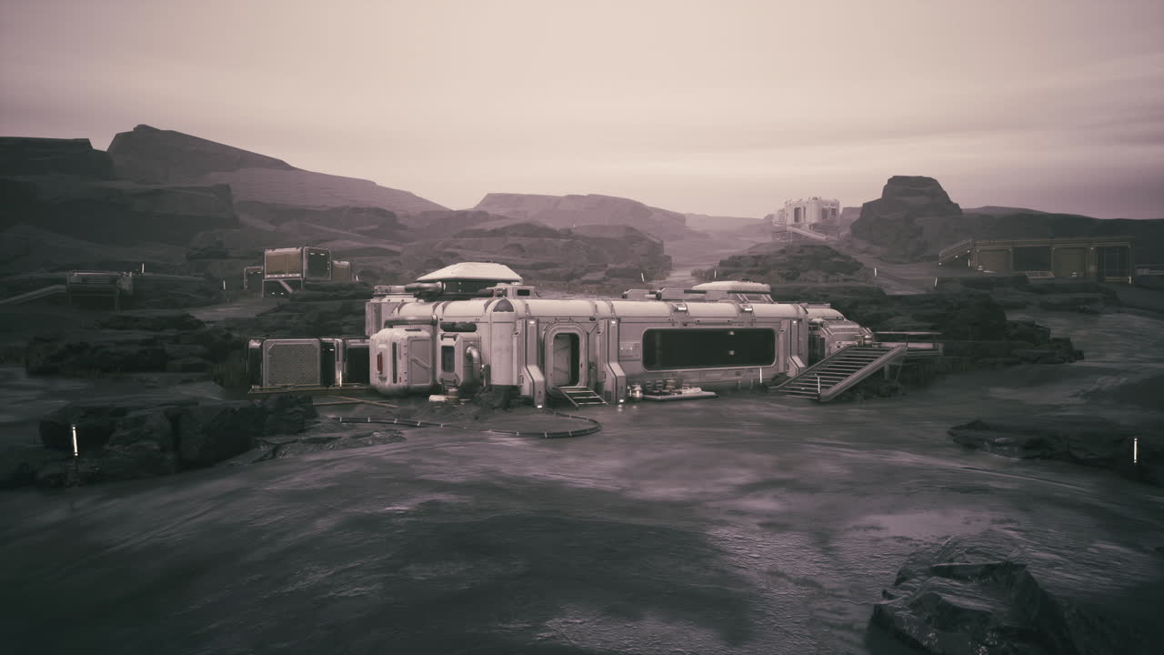 Colonist base established on a distant planet under a cloudy sky