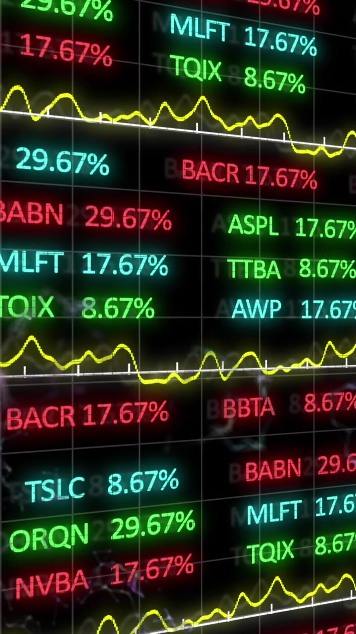 Animazione di elaborazione dati e mercato azionario su forme in movimento su sfondo nero