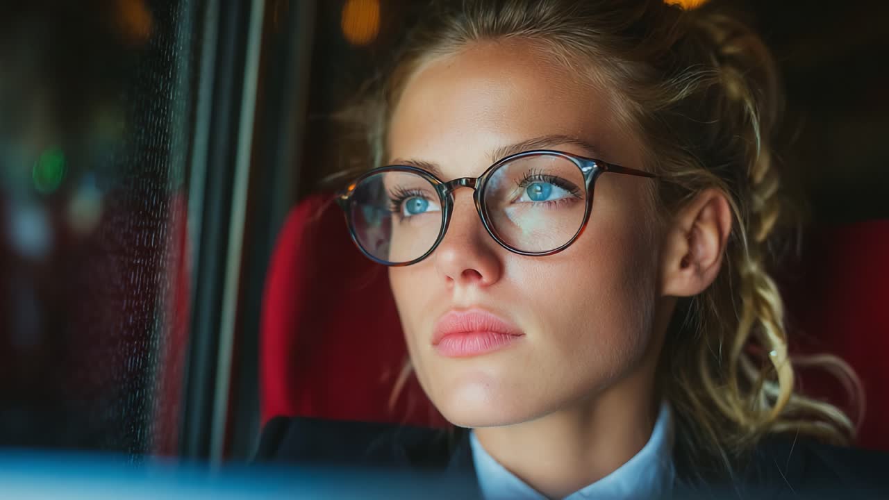 A Thoughtful Moment: Woman Gazing Out of a Train Window, Reflecting on Life's Journeys with a Calm Expression and Stylish Glasses