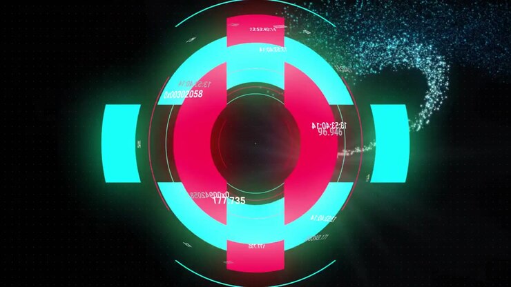 HUD rings and numeric readouts reacting to incoming particle stream, forming data sphere for tech