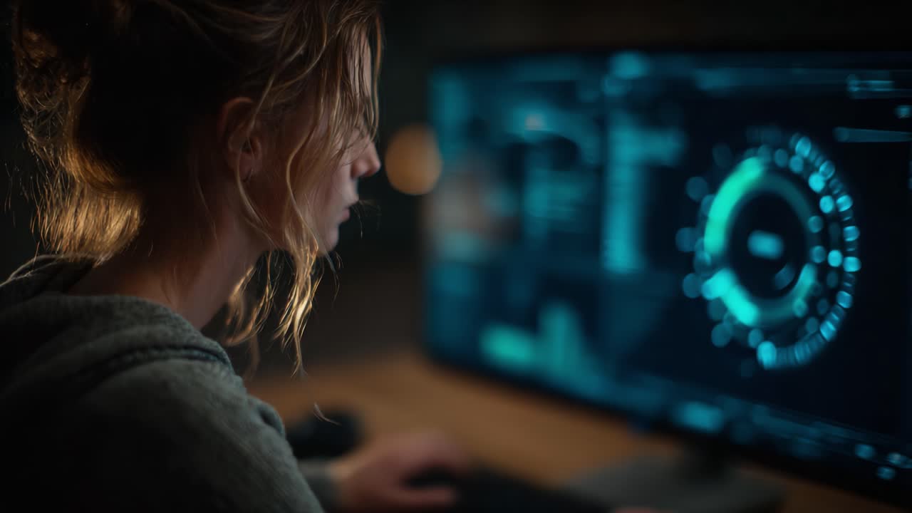 Focused Individual Analyzing Data on a Computer Screen, Engaged in Deep Work with Colorful Graphics Illuminating the Dark Room Environment