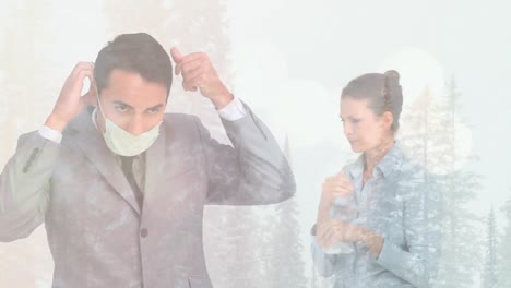 animation of man putting face mask woman coughing against winter scenery