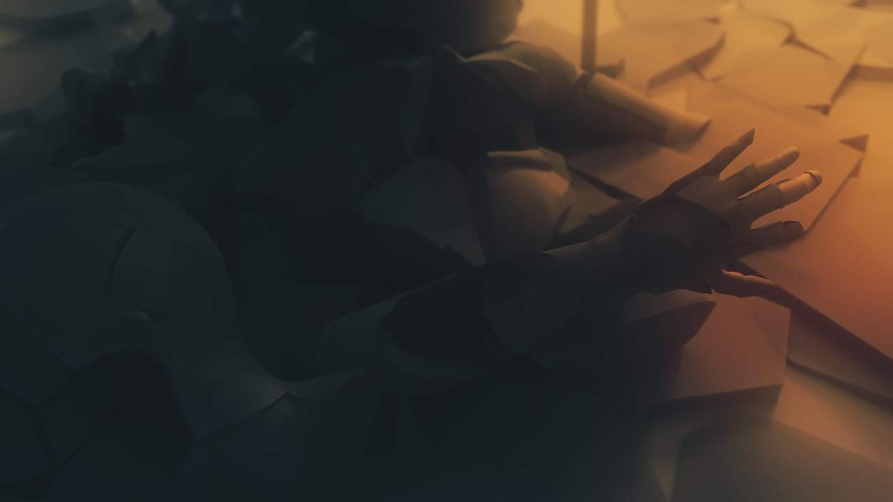 Destroyed andorids on a junkyard in yellow light