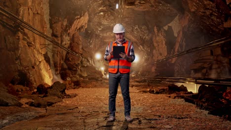 full body of asian male engineer with safety helmet working on a tablet while standing in underground mine tunnel