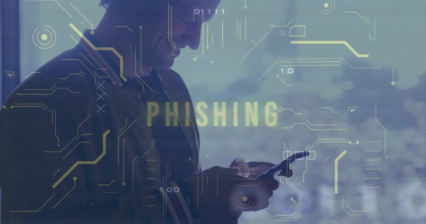 Uomo che tocca lo smartphone vicino alla finestra, con linee di circuito che pulsano con codice binario, rilevando una minaccia di phishing
