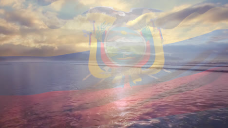 Animation-Der-Flagge-Ecuadors,-Die-über-Der-Strandlandschaft,-Dem-Wolkenverhangenen-Blauen-Himmel-Und-Dem-Meer-Weht