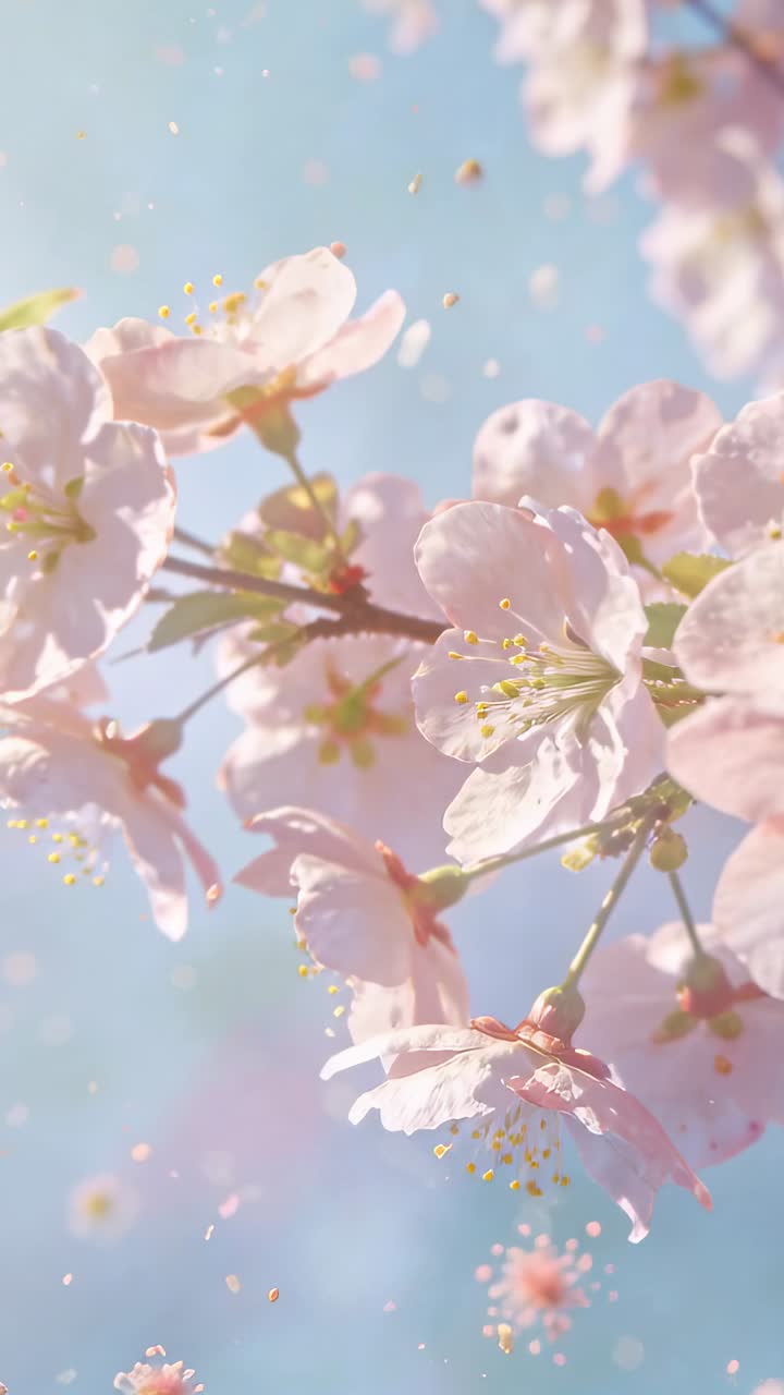 Vertical video: Swaying cherry bloom while soft breeze nudging petals and pollen over blue sky