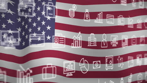 animation of interface with multiple digital icons against waving usa flag background