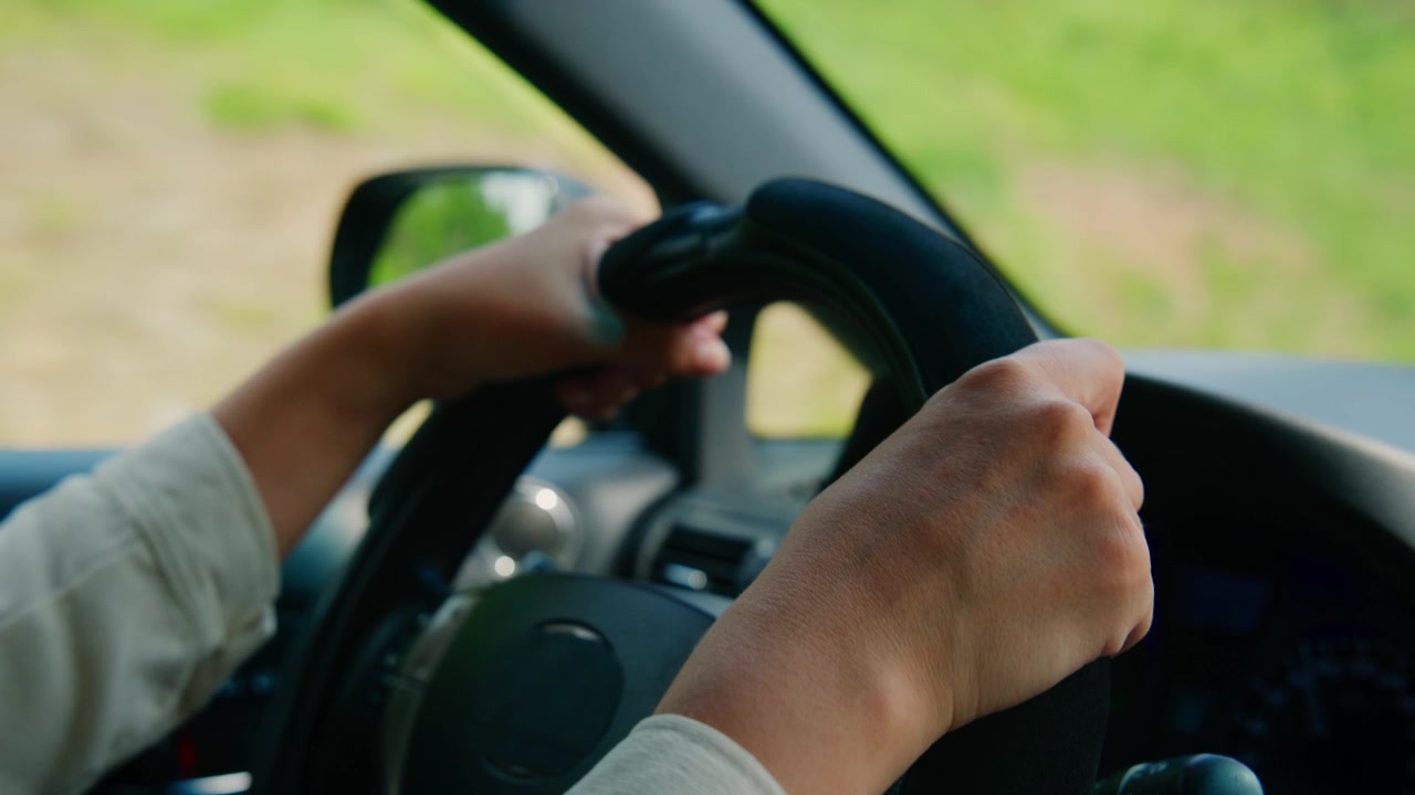 Mani stringono il volante, guida concentrata. Paesaggio verde visibile all'esterno. Adatto per viaggi, sicurezza stradale o clip di montaggio di guida.