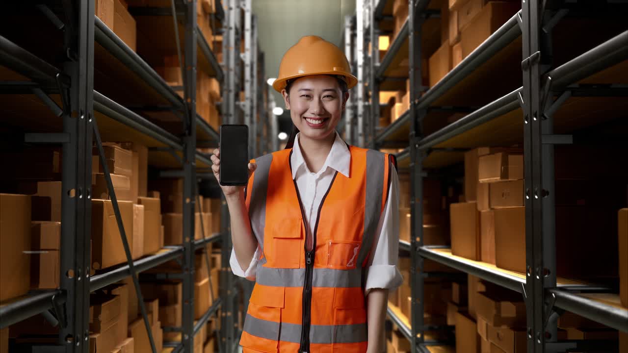 trabajador de almacén mostrando un teléfono inteligente