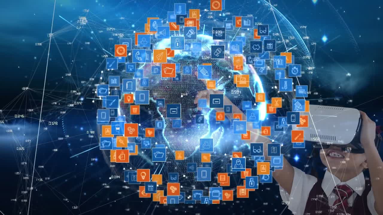 animación del globo de la red de conexiones con iconos digitales y niño con auriculares vr