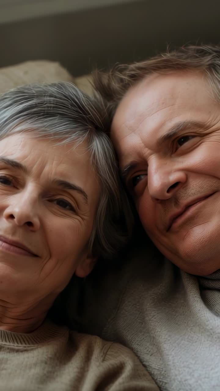 Vertical video: Opening eyes woman and man turning toward camera on couch, with pillow and sweaters