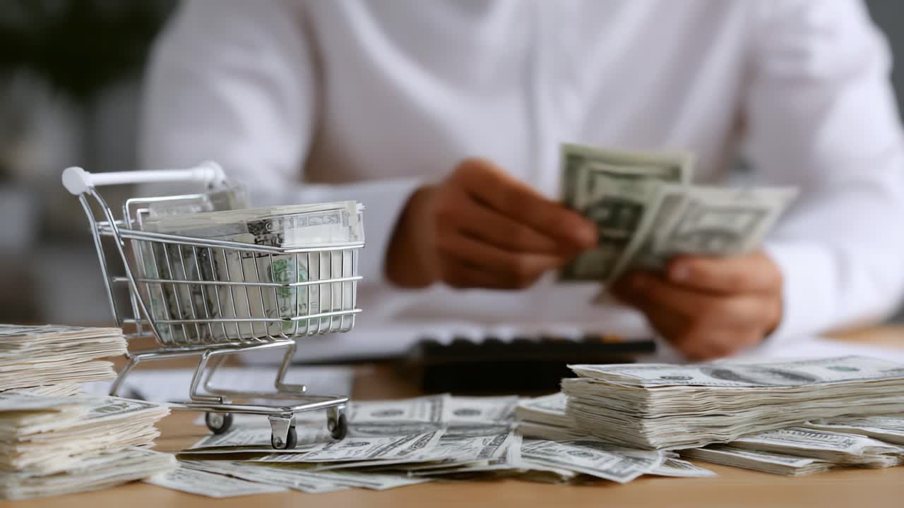 Una Visione Ravvicinata di un Individuo che Conta Contanti con un Carrello della Spesa in Miniatura Pieno di Banconote tra Cumuli di Denaro, Illustrando i Temi della Finanza e del Commercio