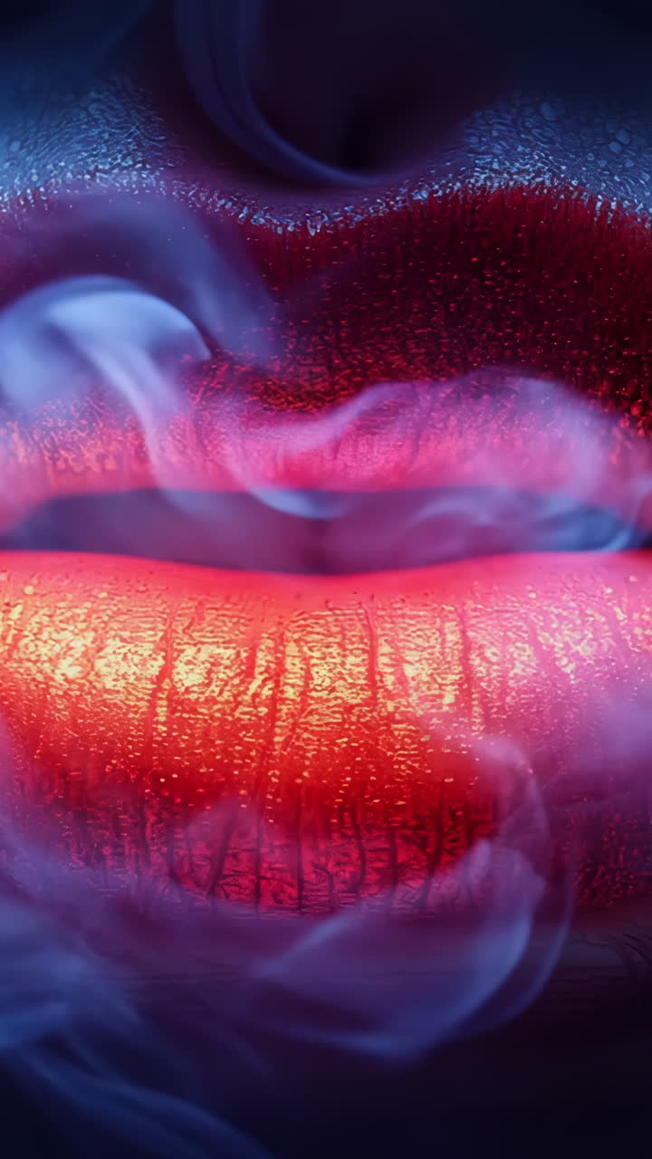 A close up of a woman's lips with smoke in the background. The lips are red and the smoke is blue