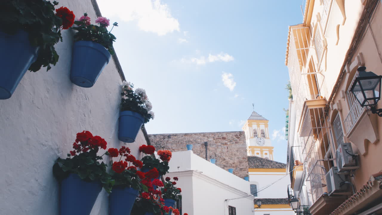4K Marbella flower pots on a white wall in old town, Andalusia