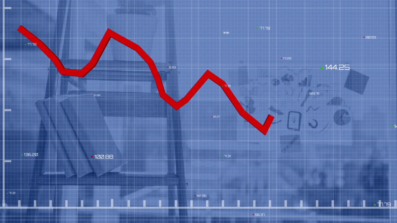 Animation of red graphs with changing numbers on grid pattern over books on ladder