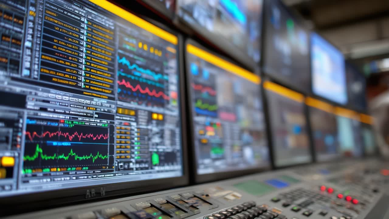 A High-Tech Command Center Featuring Multiple Screens Displaying Real-Time Data Analytics and Financial Trends in a Modern Control Room Environment