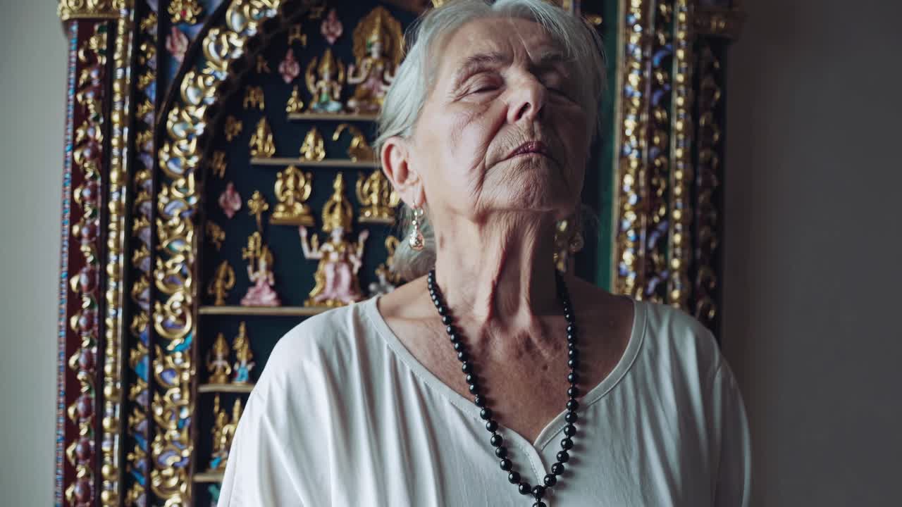 Senior woman wearing a white t shirt and a black necklace is meditating in front of an oriental shrine, eyes closed and head slightly raised