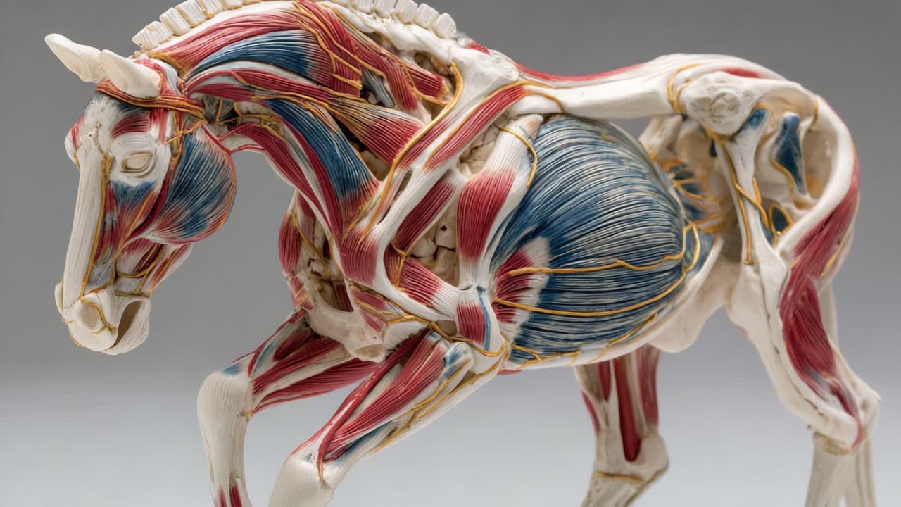 Modello anatomico di un cavallo che dimostra le strutture muscolari e scheletriche in una sorprendente dimostrazione di arte biologica e intuizione educativa.
