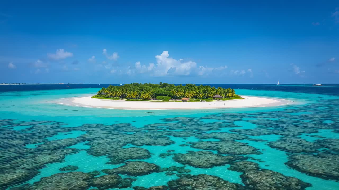 Planata verso il basso, la telecamera inizia una ripresa aerea sull'isola, con barriere coralline, capanne, palme e barca a vela