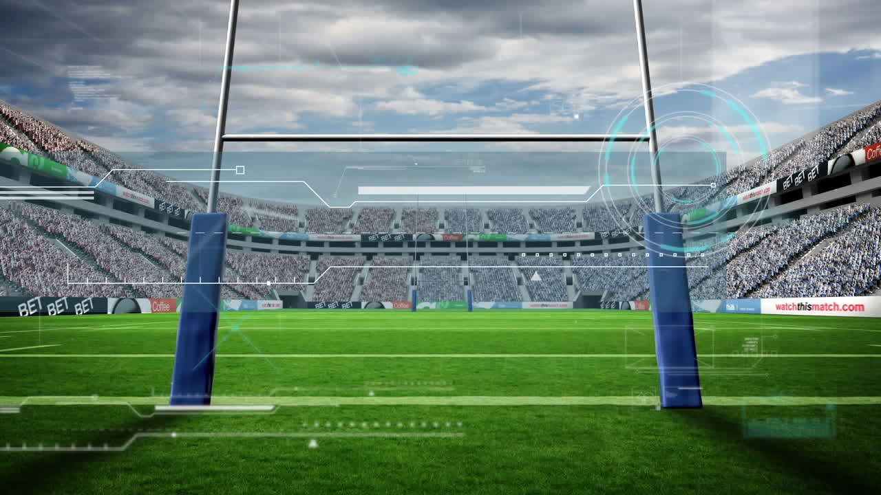 Animation of scanner processing data over rugby pitch at sports stadium
