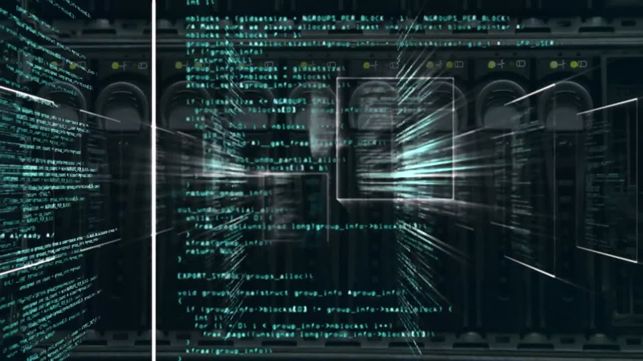 Animation of interface with data processing against close up of a computer server
