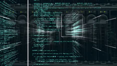 animación de la interfaz con el procesamiento de datos frente al primer plano de un servidor de computadora.