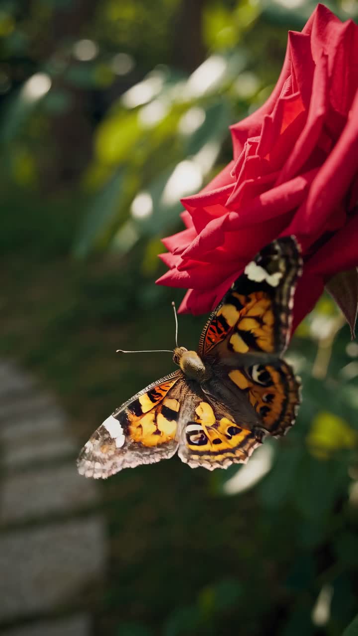 Giardino lussureggiante con fiori vivaci e luce solare che filtra tra gli alberi, ripreso da un'angolazione bassa