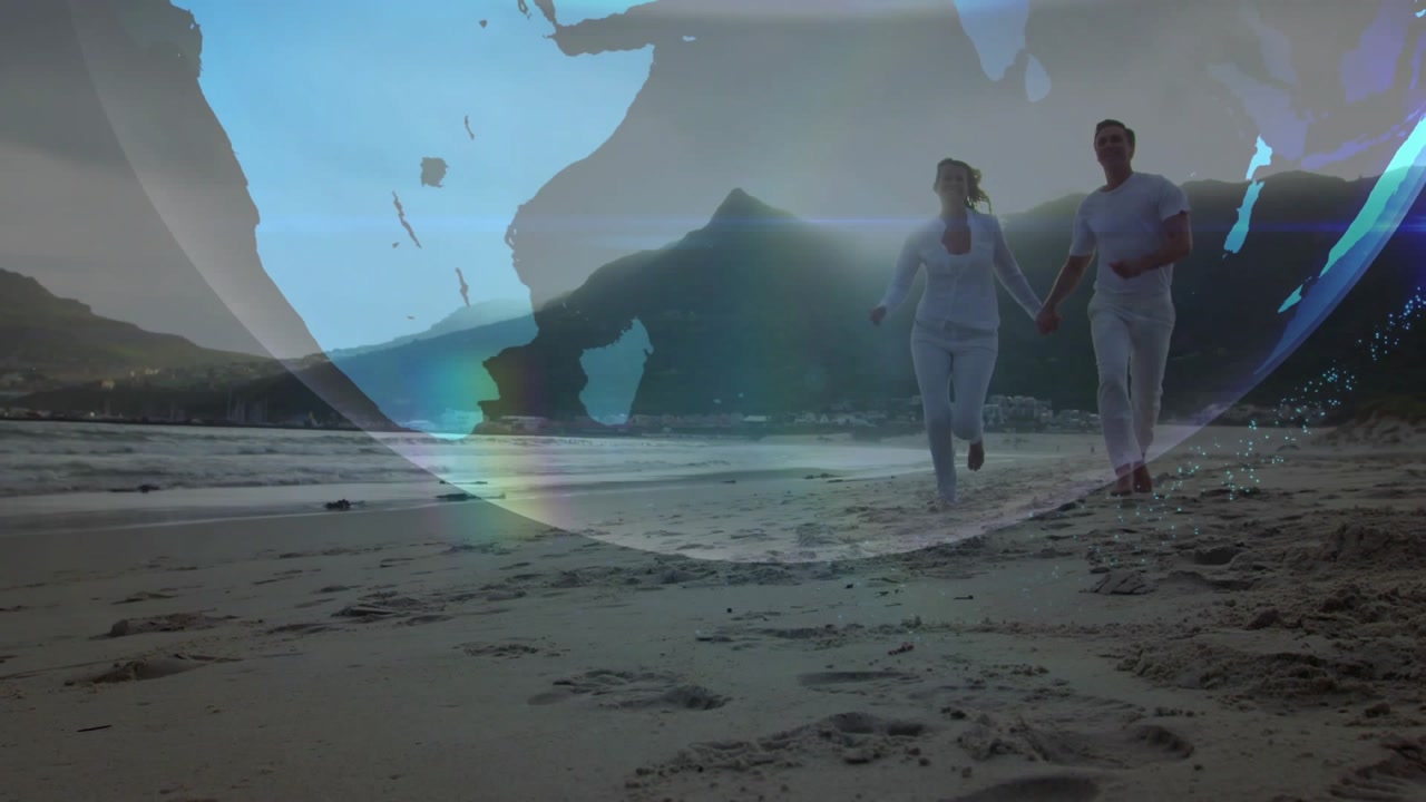 Walking couple holding hands wearing white tops jogging on sandy shore, prompted by hologram globe