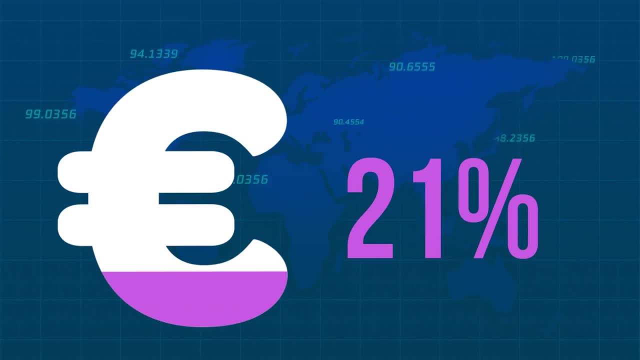 Animazione del simbolo dell'euro con percentuale su elaborazione dati finanziari