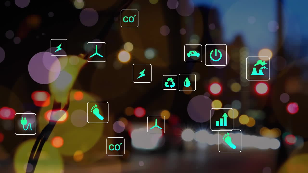 animación de los iconos ecológicos de procesamiento de datos sobre la ciudad