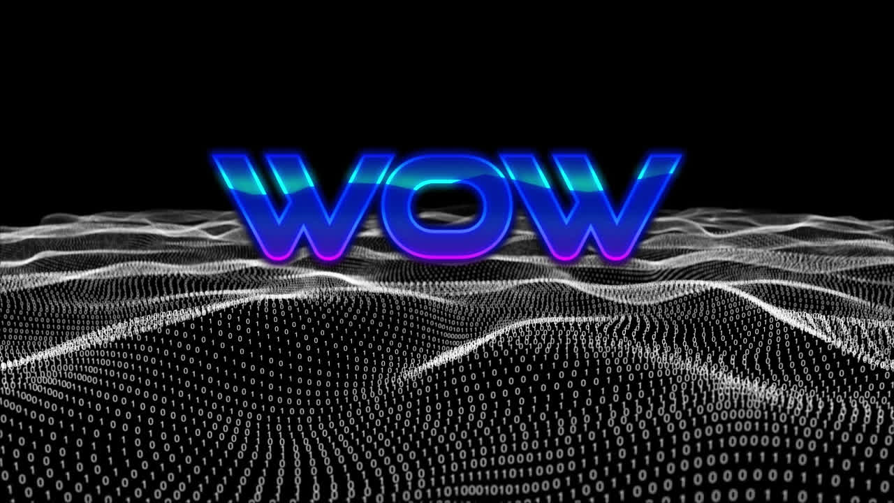 Animation of wow text banner over digital wave against blue gradient background