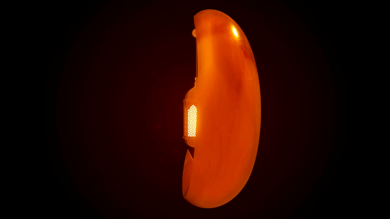 Glowing celebration lantern hanging in moon on dark background. Ramadan Kareem islamic motion background. 3d loopable animation.