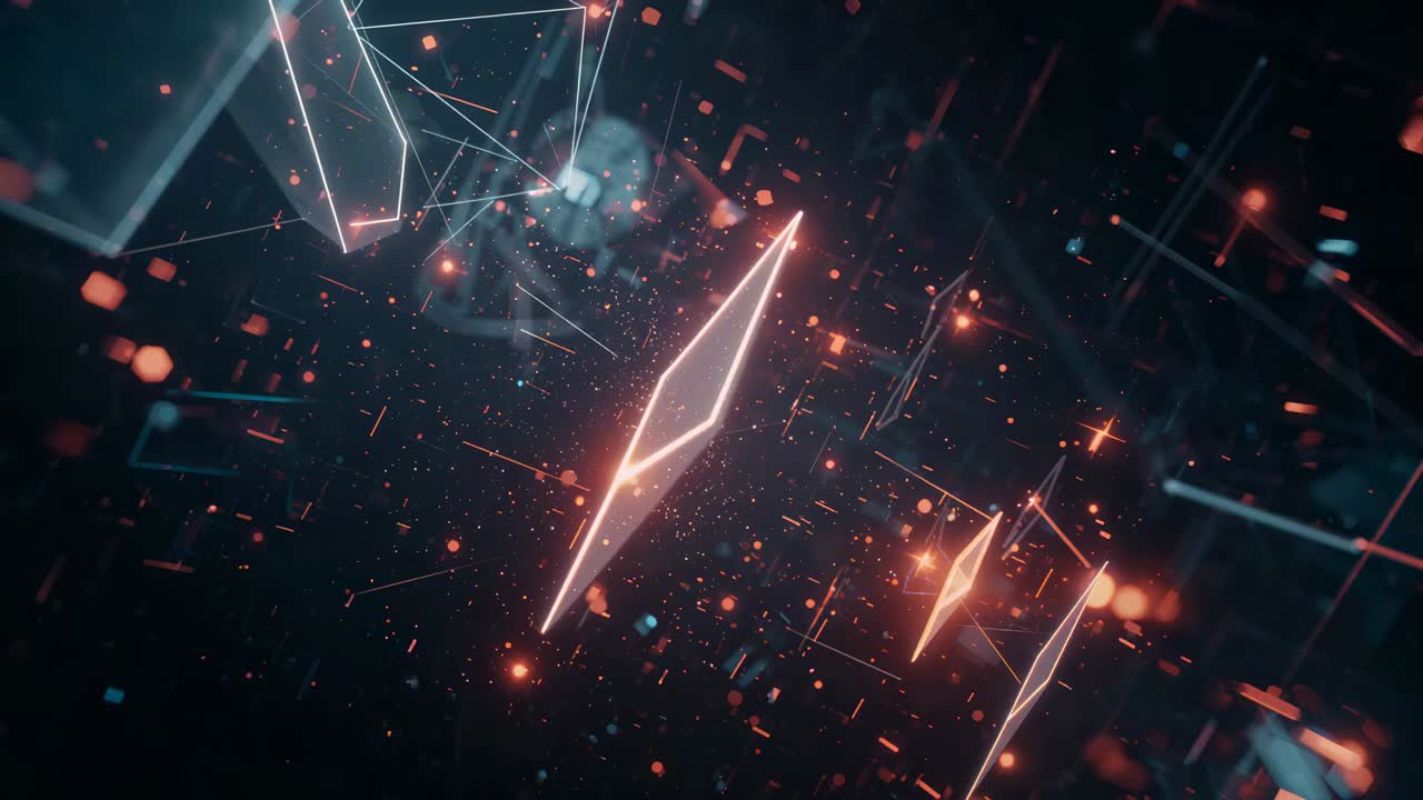 Telecamera in movimento che spinge un grande diamante luminoso ad avvicinarsi allo spettatore nel vuoto oscuro, con scatole wireframe