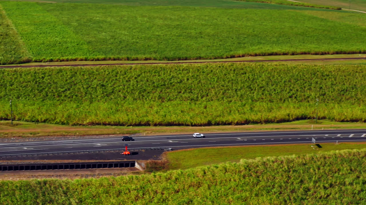 호주 퀸즐랜드주 케언즈의 사탕수수 밭을 가로질러 운전하는 자동차의 조감도