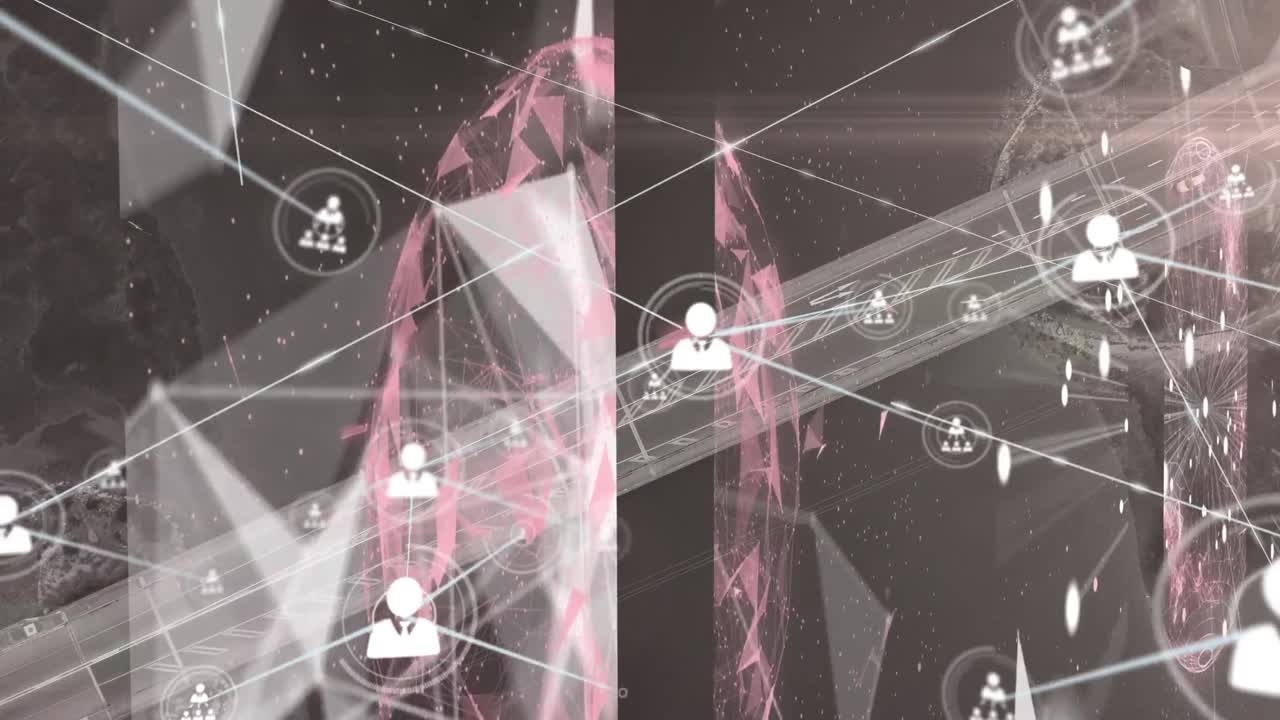 анимация сети соединений с медиа-иконами на черном фоне