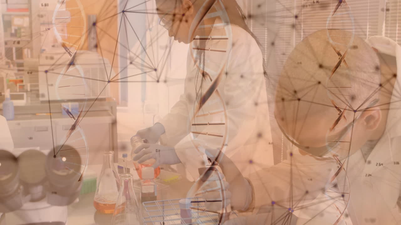 In laboratory, scientists analyzing data with network animation overlaying workspace