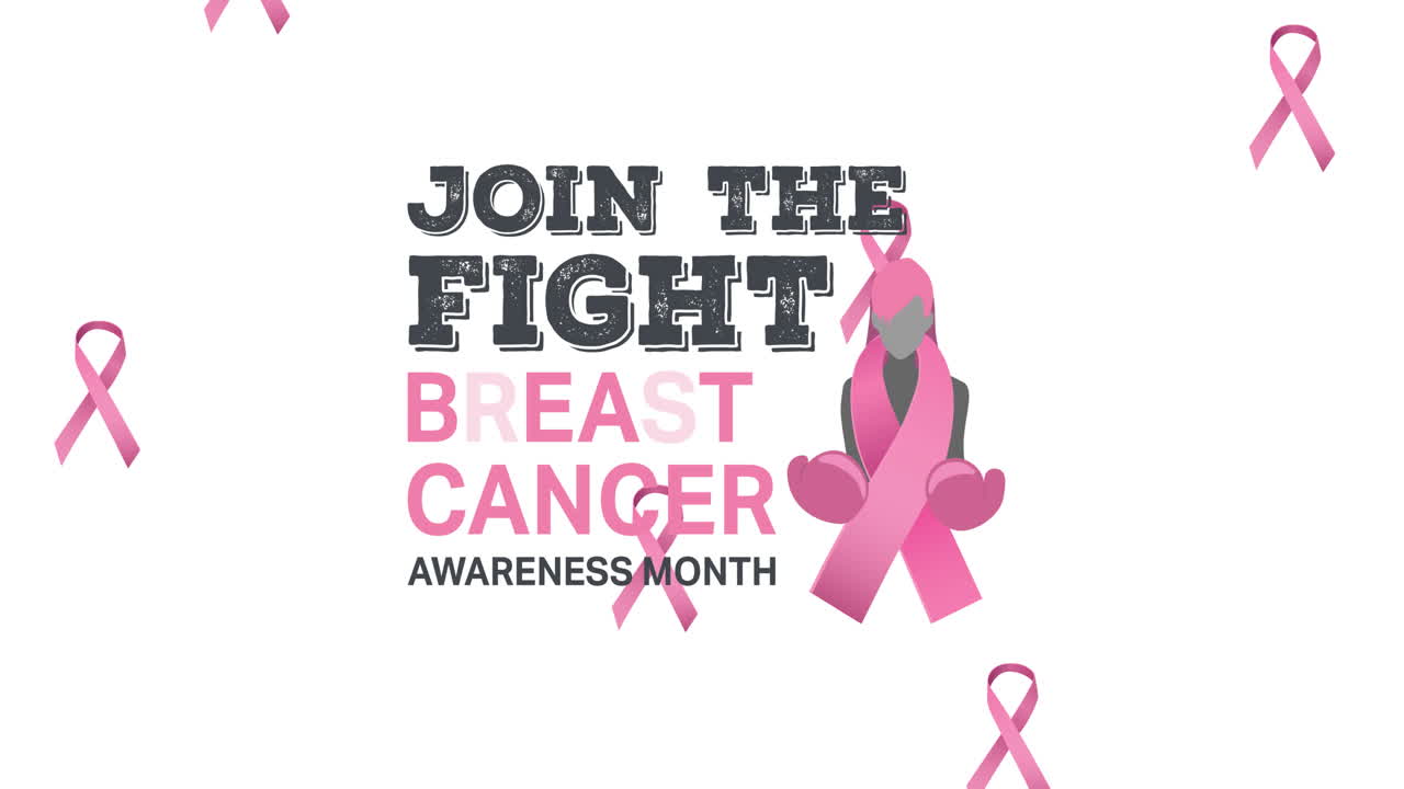 ⁇ 색 배경에 나타나는 유방암 텍스트 위에 떨어지는 여러 개의 분홍색 리본 로고의 애니메이션