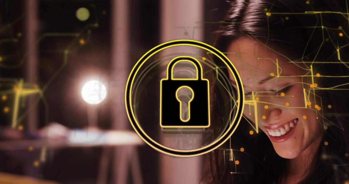Woman tapping tablet starting lock icon expanding while camera revealing smile confirming security