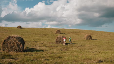 siblings joyfully run around hay bales in a vast farmland, playing with their dog under a bright sky, the children, full of energy, explore nature as their pet happily follows