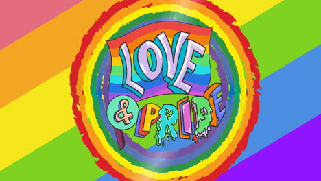 Animation-of-love-and-pride-text-in-rainbow-circle-over-rainbow-stripes