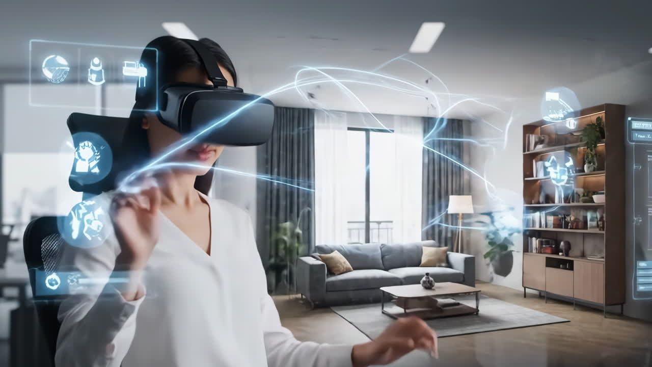 A woman experiences and interacts with virtual reality technology in a modern home or office environment