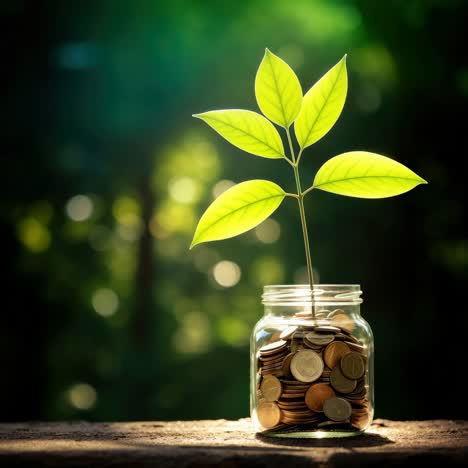 a close-up, eye-level shot of a jar filled with coins and a plant sprouting, symbolizing growth